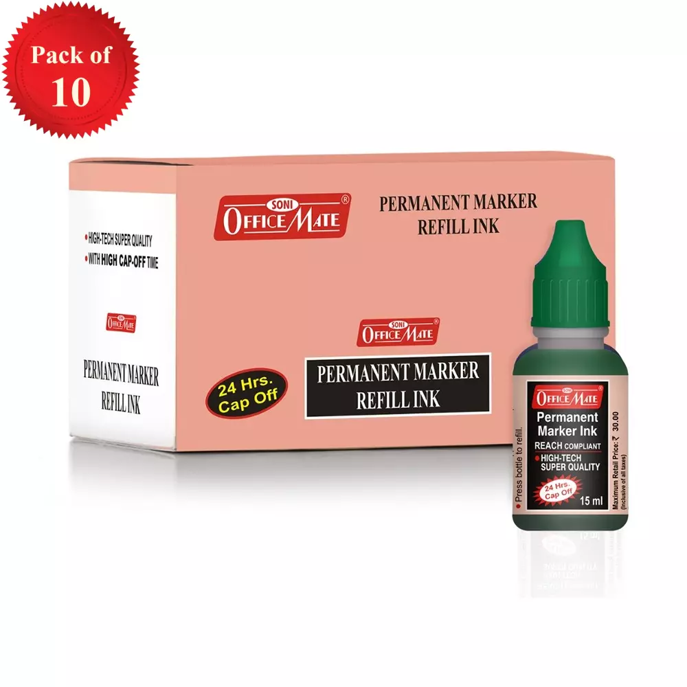 Soni Office Mate 15 ml Permanent Marker Refill Ink Quick Dry, Vibrant, Eco-Friendly, Green (Pack of 10)