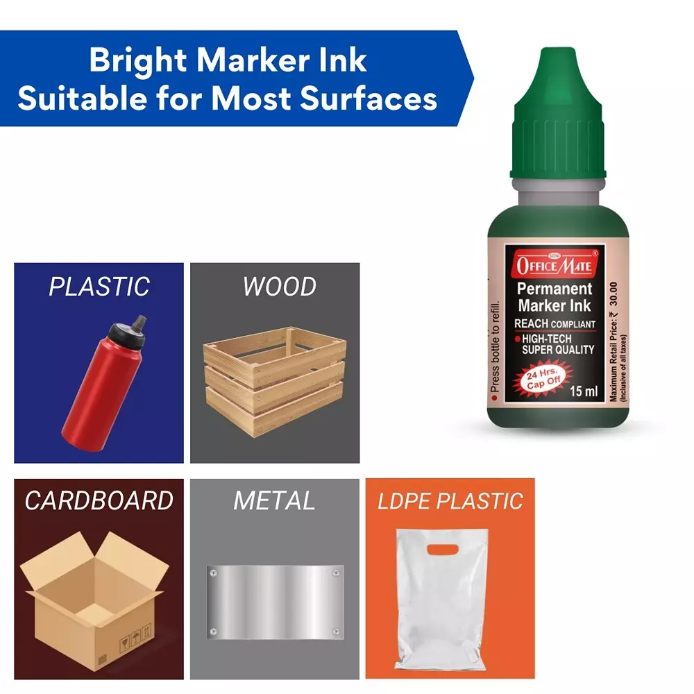 Soni Office Mate 15 ml Permanent Marker Refill Ink Quick Dry, Vibrant, Eco-Friendly, Green (Pack of 10)