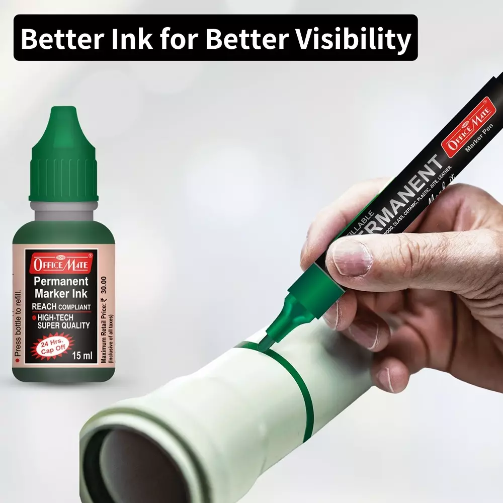 Soni Office Mate 15 ml Permanent Marker Refill Ink Quick Dry, Vibrant, Eco-Friendly, Green (Pack of 10)