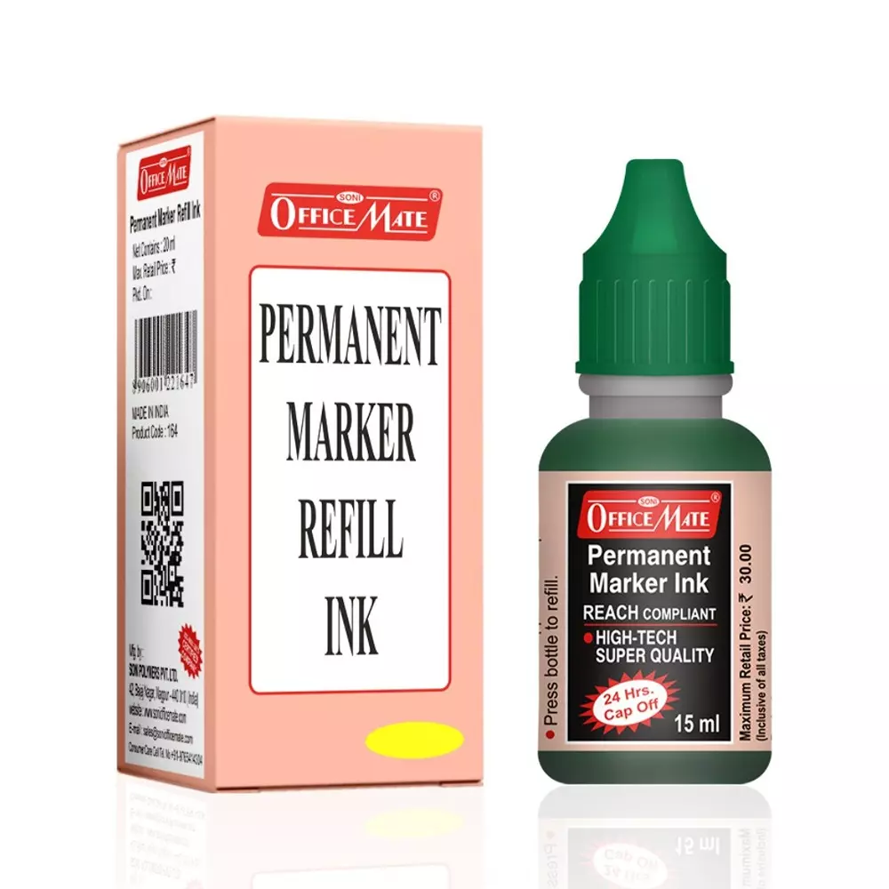Soni Office Mate 15 ml Permanent Marker Refill Ink Quick Dry, Vibrant, Eco-Friendly, Green (Pack of 10)