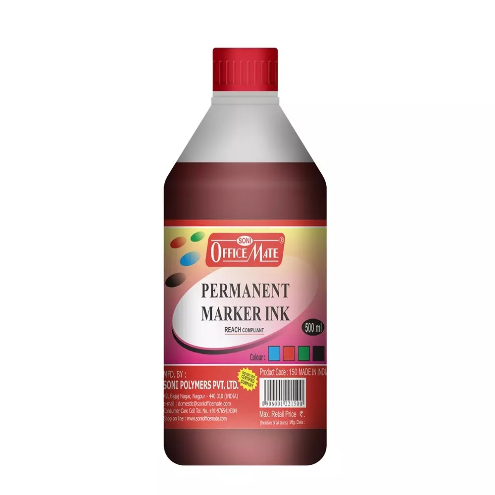 Soni Office Mate 500 ml Permanent Marker Refill Ink Quick Dry, Vibrant, Eco-Friendly, Red