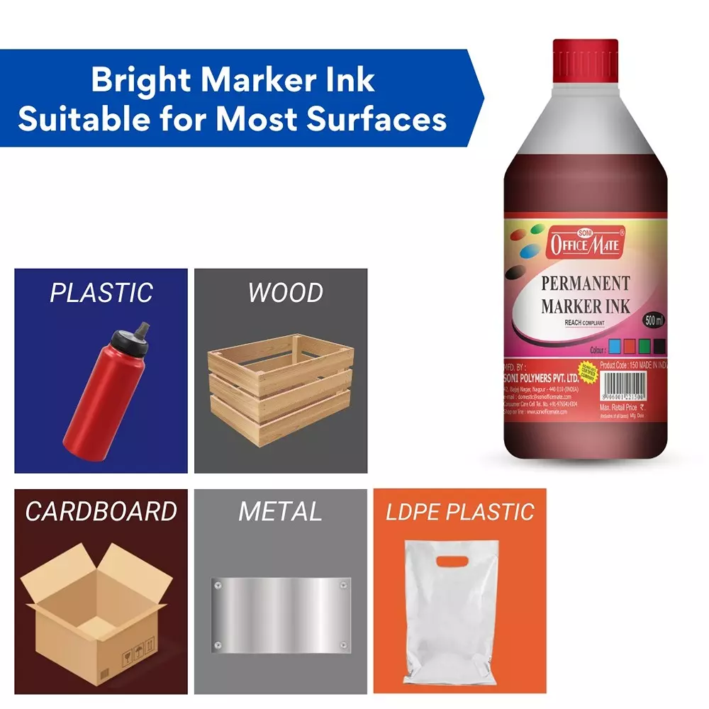 Soni Office Mate 500 ml Permanent Marker Refill Ink Quick Dry, Vibrant, Eco-Friendly, Red