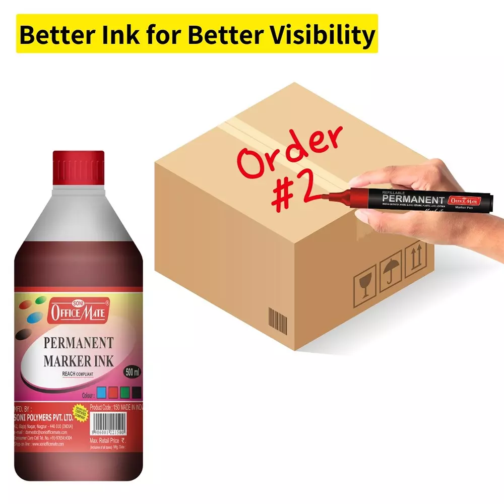 Soni Office Mate 500 ml Permanent Marker Refill Ink Quick Dry, Vibrant, Eco-Friendly, Red
