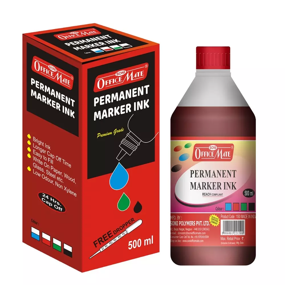 Soni Office Mate 500 ml Permanent Marker Refill Ink Quick Dry, Vibrant, Eco-Friendly, Red