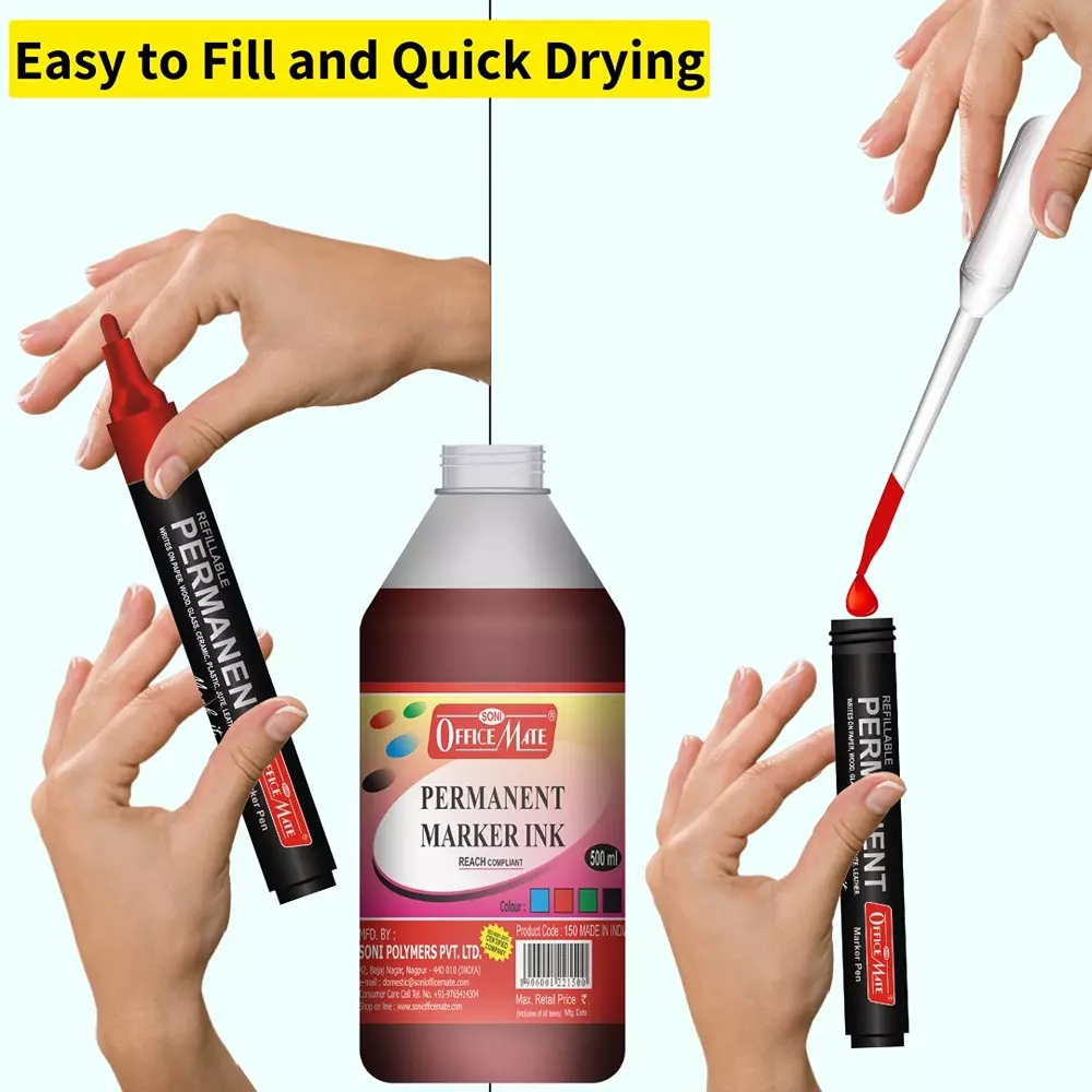 Soni Office Mate 500 ml Permanent Marker Refill Ink Quick Dry, Vibrant, Eco-Friendly, Red