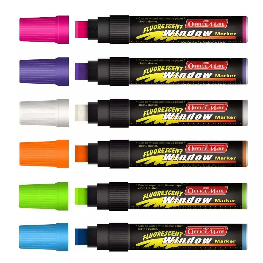 Soni Office Mate Jumbo Fluorescent Chalk Window Marker 15 mm Chisel Tip Smudge-Free, Easy Erase for Cafe, Mirror, Display Multicolor (Pack of 6)