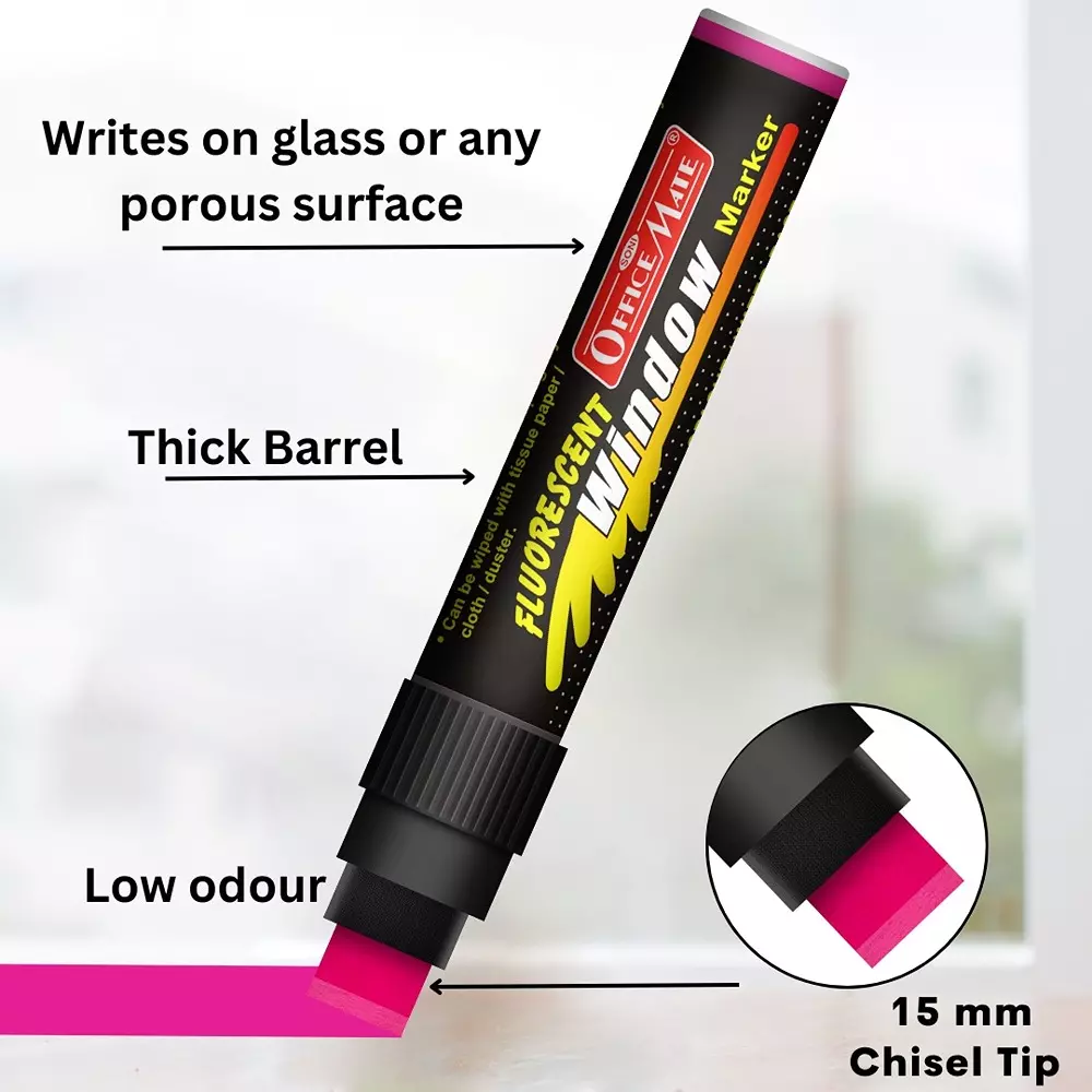 Soni Office Mate Jumbo Fluorescent Chalk Window Marker 15 mm Chisel Tip Smudge-Free, Easy Erase for Cafe, Mirror, Display Multicolor (Pack of 6)