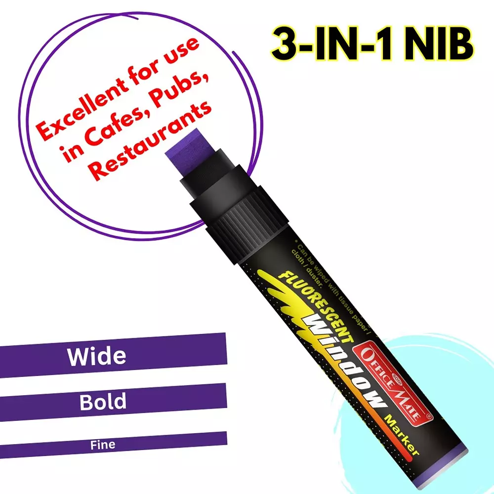 Soni Office Mate Jumbo Fluorescent Chalk Window Marker 15 mm Chisel Tip Smudge-Free, Easy Erase for Cafe, Mirror, Display Multicolor (Pack of 6)