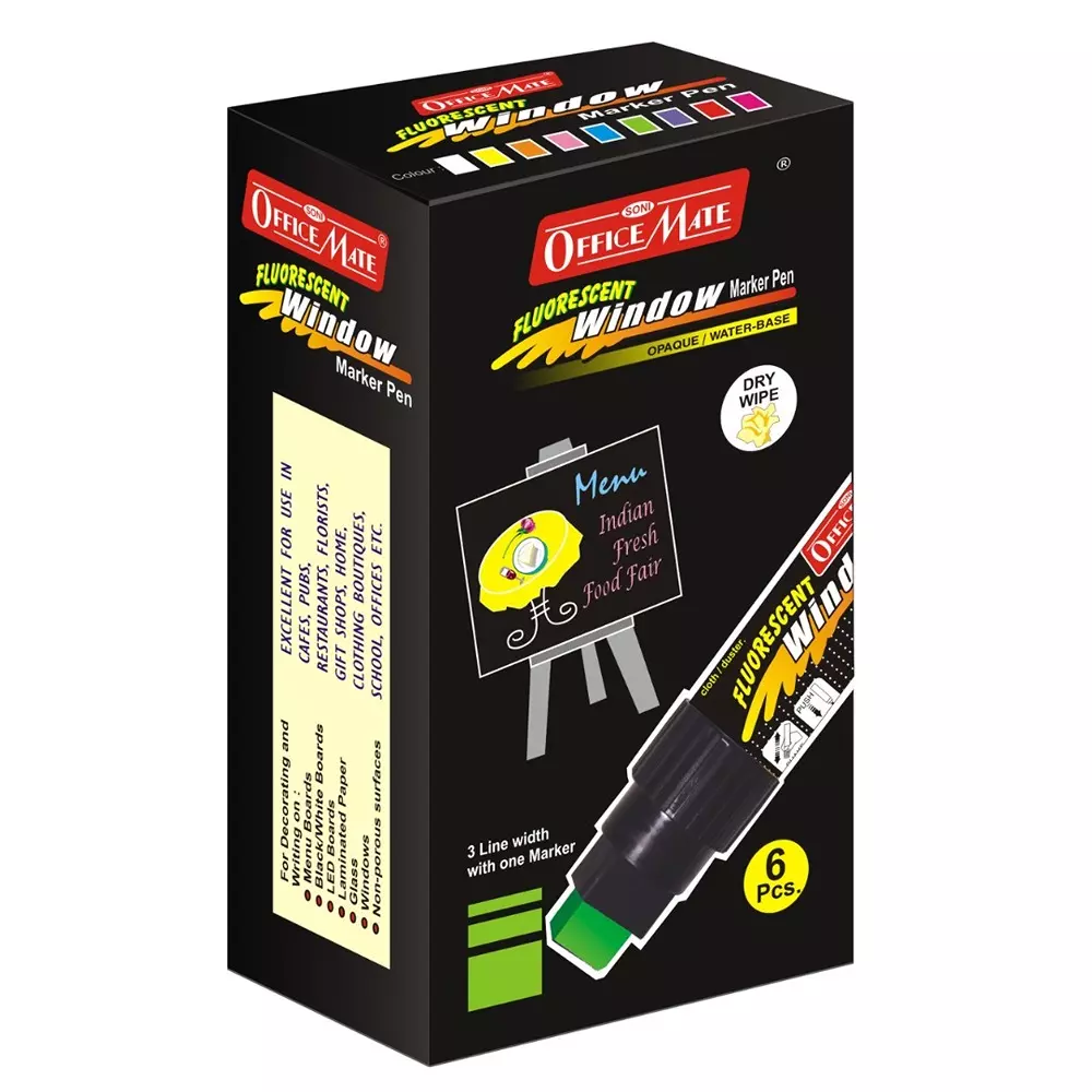 Soni Office Mate Jumbo Fluorescent Chalk Window Marker 15 mm Chisel Tip Smudge-Free, Easy Erase for Cafe, Mirror, Display Multicolor (Pack of 6)