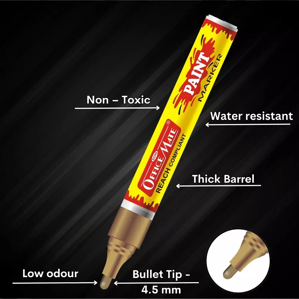 Soni Office Mate Regular Metallic Paint Marker 4.5 mm Bullet Tip Multi-Surface, Oil-Based Ink for Arts, Crafts and Markings, Golden