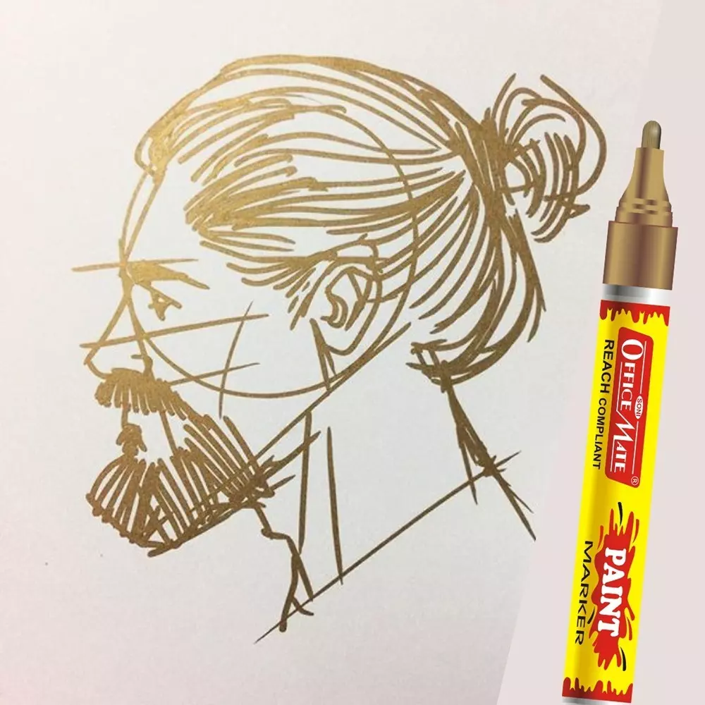 Soni Office Mate Regular Metallic Paint Marker 4.5 mm Bullet Tip Multi-Surface, Oil-Based Ink for Arts, Crafts and Markings, Golden