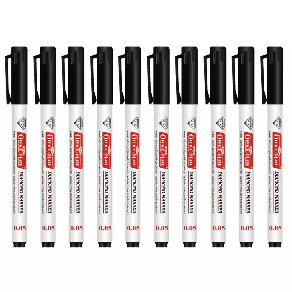 Soni Office Mate Diamond Marker Fade-Resistant Black Ink 0.05 mm Metal Tip Ideal For Industrial Use (Pack of 10)