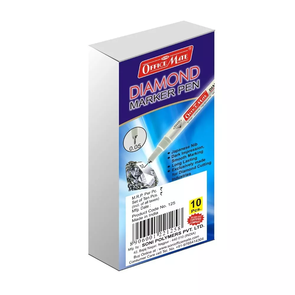 Soni Office Mate Diamond Marker Fade-Resistant Black Ink 0.05 mm Metal Tip Ideal For Industrial Use (Pack of 10)