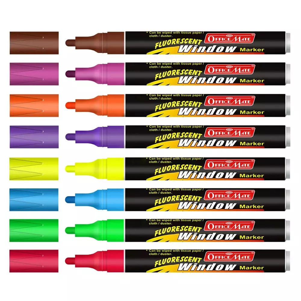 Soni Office Mate Fluorescent Chalk Window Marker 4.5 mm Bullet Tip Smudge-Free, Easy Erase for Cafe, Mirror, Display Multicolor (Pack of 8)