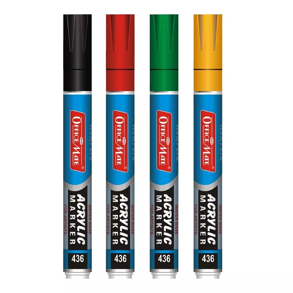 Soni Office Mate Regular Acrylic Paint Marker 4.5 mm Bullet Tip Quick Dry, Long Lasting, Water Based Ink for Crafts & Projects, Multicolor (Pack of 4)