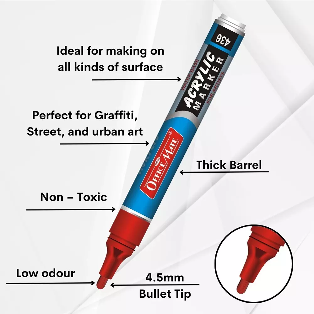 Soni Office Mate Regular Acrylic Paint Marker 4.5 mm Bullet Tip Quick Dry, Long Lasting, Water Based Ink for Crafts & Projects, Multicolor (Pack of 4)