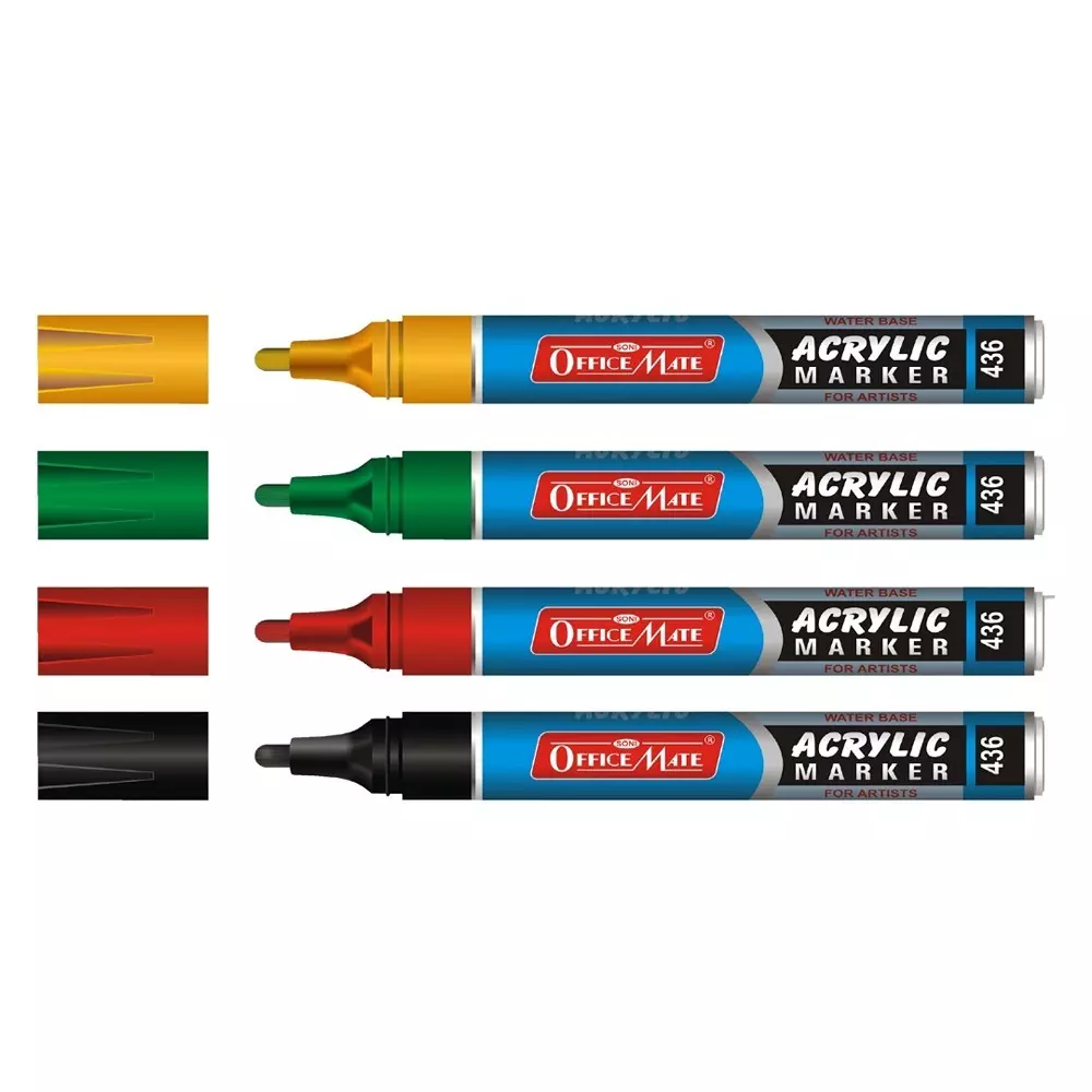 Soni Office Mate Regular Acrylic Paint Marker 4.5 mm Bullet Tip Quick Dry, Long Lasting, Water Based Ink for Crafts & Projects, Multicolor (Pack of 4)