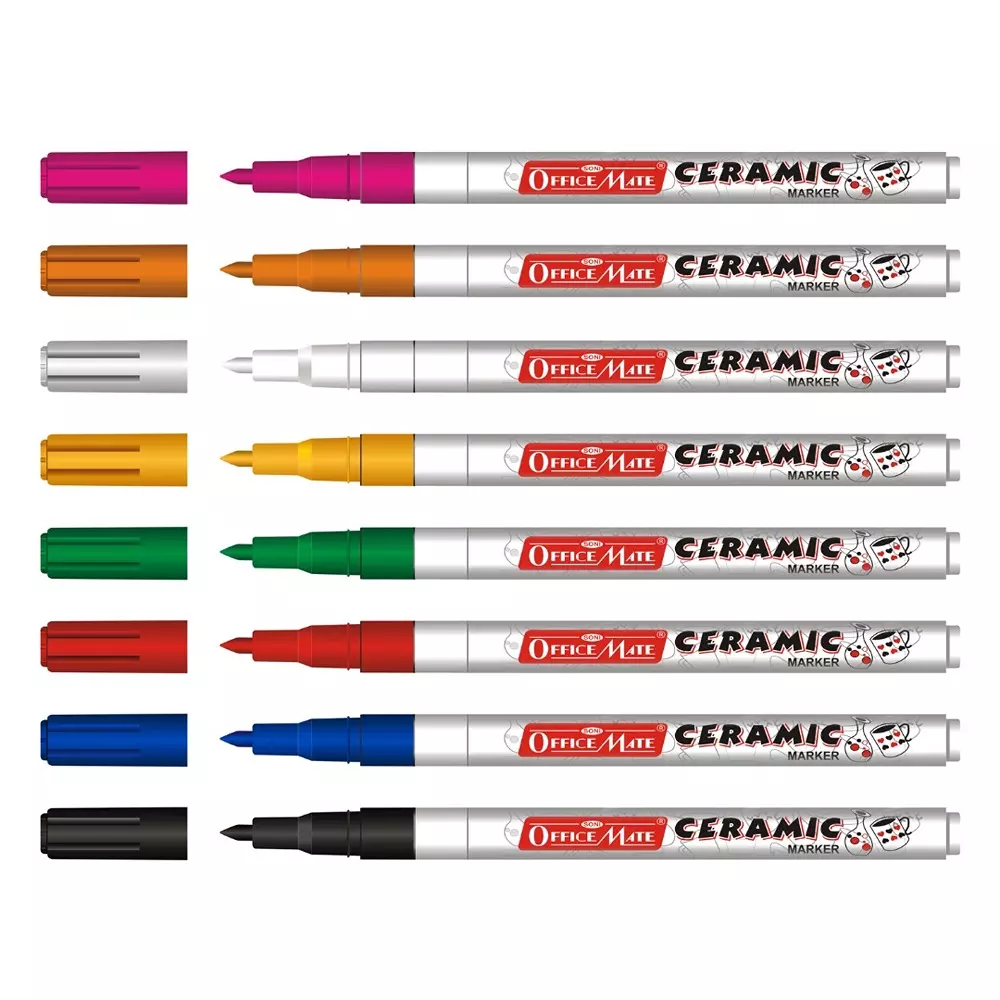 Soni Office Mate Fine Tip Ceramic Marker 3.05 mm Fine Bullet Tip Smudge-Free & Fade-Proof for Ceramic, Rock, Glass Painting, Multicolor (Pack of 8)