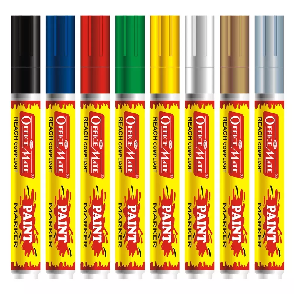 Soni Office Mate Regular Paint Marker 4.5 mm Bullet Tip Long-Lasting Oil-Based Ink for Scrapbooks, Art & Labelling, Multicolor (Pack of 8)
