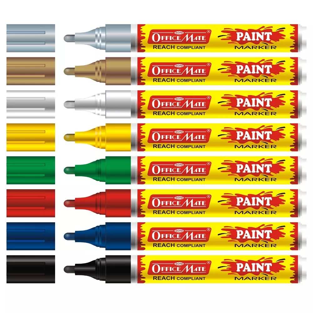 Soni Office Mate Regular Paint Marker 4.5 mm Bullet Tip Long-Lasting Oil-Based Ink for Scrapbooks, Art & Labelling, Multicolor (Pack of 8)