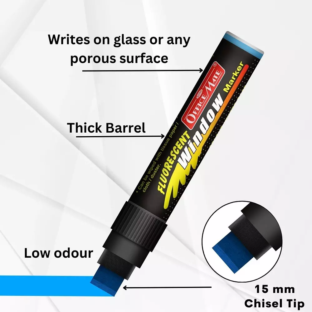 Soni Office Mate Jumbo Chalk Window Marker 15 mm Chisel Tip Smudge-Free, Easy Erase for Glass, Mirrors, Displays & More, Blue