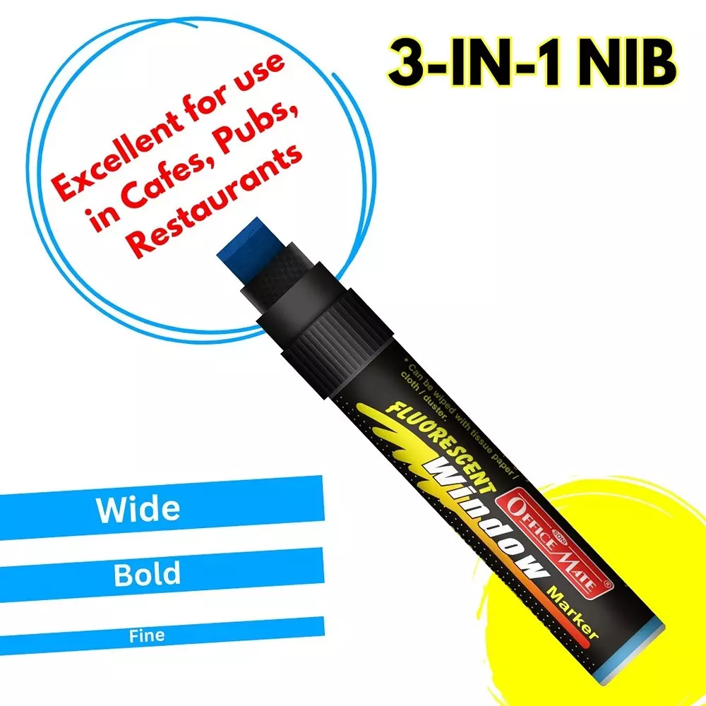 Soni Office Mate Jumbo Chalk Window Marker 15 mm Chisel Tip Smudge-Free, Easy Erase for Glass, Mirrors, Displays & More, Blue