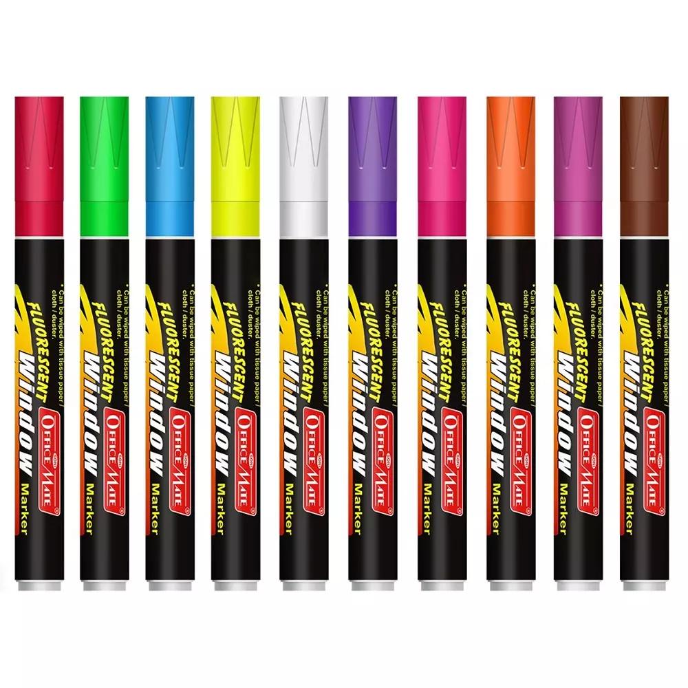 Soni Office Mate Fluorescent Chalk Window Marker 4.5 mm Bullet Tip Smudge-Free, Easy Erase for Cafe, Mirror, Display Multicolor (Pack of 10)