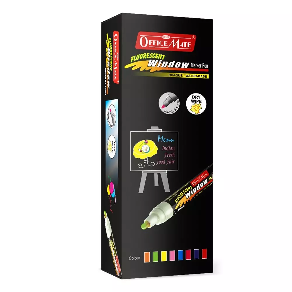 Soni Office Mate Fluorescent Chalk Window Marker 4.5 mm Bullet Tip Smudge-Free, Easy Erase for Cafe, Mirror, Display Multicolor (Pack of 10)