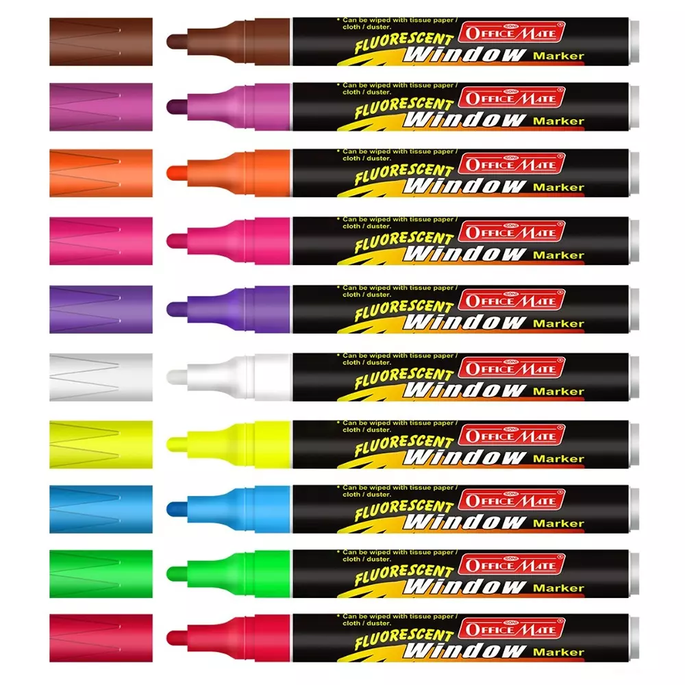 Soni Office Mate Fluorescent Chalk Window Marker 4.5 mm Bullet Tip Smudge-Free, Easy Erase for Cafe, Mirror, Display Multicolor (Pack of 10)
