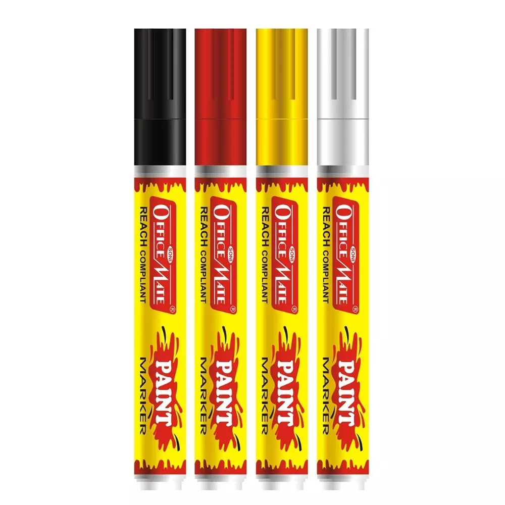 Soni Office Mate Regular Paint Marker 4.5 mm Bullet Tip Multi-Surface, Oil-Based, Non-Toxic Ink for DIY, Crafts & Art Projects, Multicolor (Pack of 4)