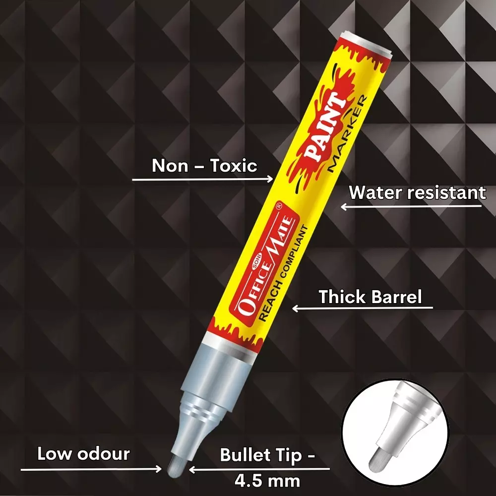 Soni Office Mate Regular Metallic Paint Marker 4.5 mm Bullet Tip Multi-Surface, Oil-Based Ink for Arts, Crafts and Markings, Silver