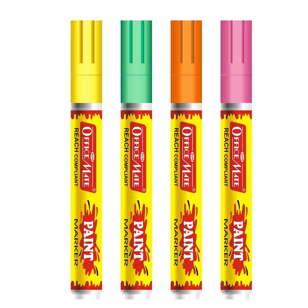 Soni Office Mate Fluorescent Paint Marker Multi-Surface, Oil-Based Ink 4.5 mm Bullet Tip Ideal For Art, DIY, Signage, Multicolor (Pack of 4)
