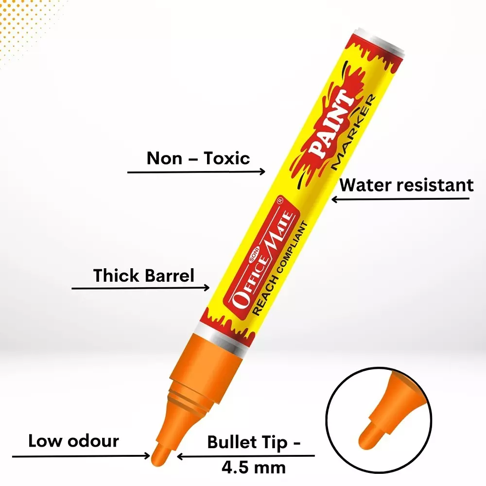 Soni Office Mate Fluorescent Paint Marker Multi-Surface, Oil-Based Ink 4.5 mm Bullet Tip Ideal For Art, DIY, Signage, Multicolor (Pack of 4)