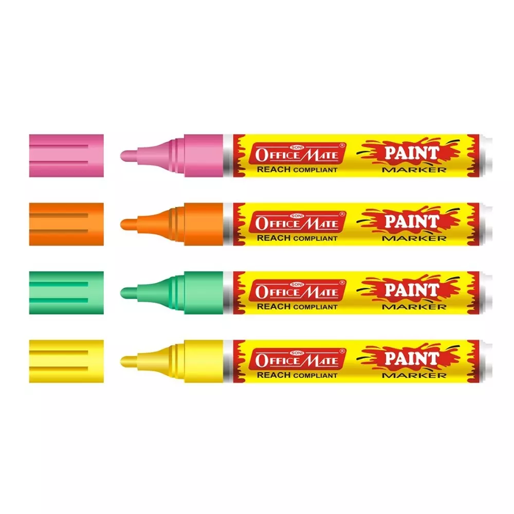 Soni Office Mate Fluorescent Paint Marker Multi-Surface, Oil-Based Ink 4.5 mm Bullet Tip Ideal For Art, DIY, Signage, Multicolor (Pack of 4)