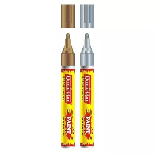 Soni Office Mate Regular Paint Marker Oil-Based, Multisurface Ink 4.5 mm Bullet Tip Ideal For Art & Craft Metallic Gold and Silver (Pack of 2)