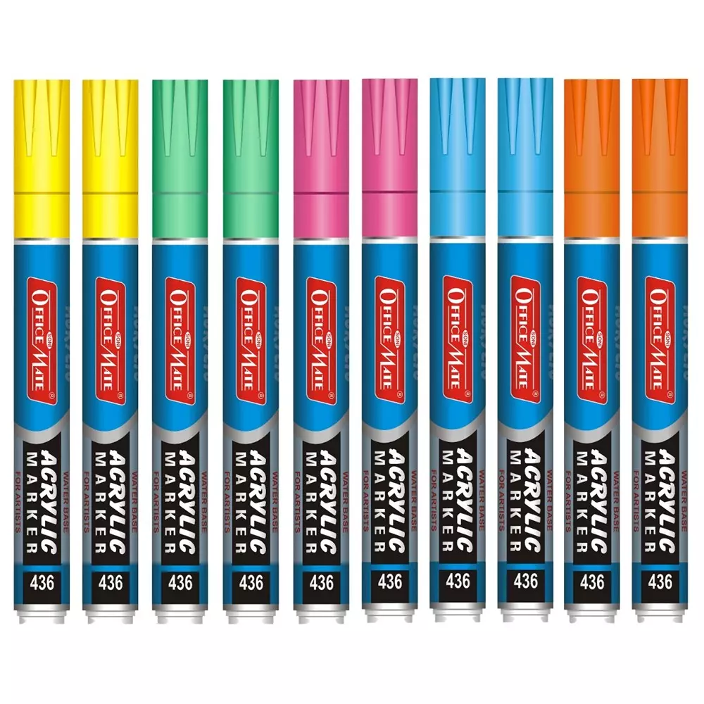 Soni Office Mate Fluorescent Acrylic Paint Marker 4.5 mm Bullet Tip Water Based Ink, Fade Resistant for Canvas, Paper Glass & More, Multicolor (Pack of 10)
