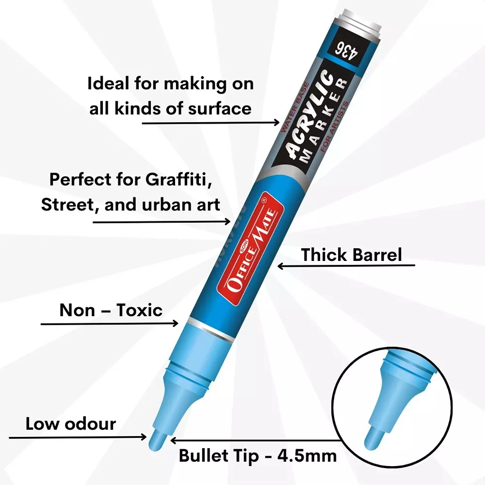 Soni Office Mate Fluorescent Acrylic Paint Marker 4.5 mm Bullet Tip Water Based Ink, Fade Resistant for Canvas, Paper Glass & More, Multicolor (Pack of 10)
