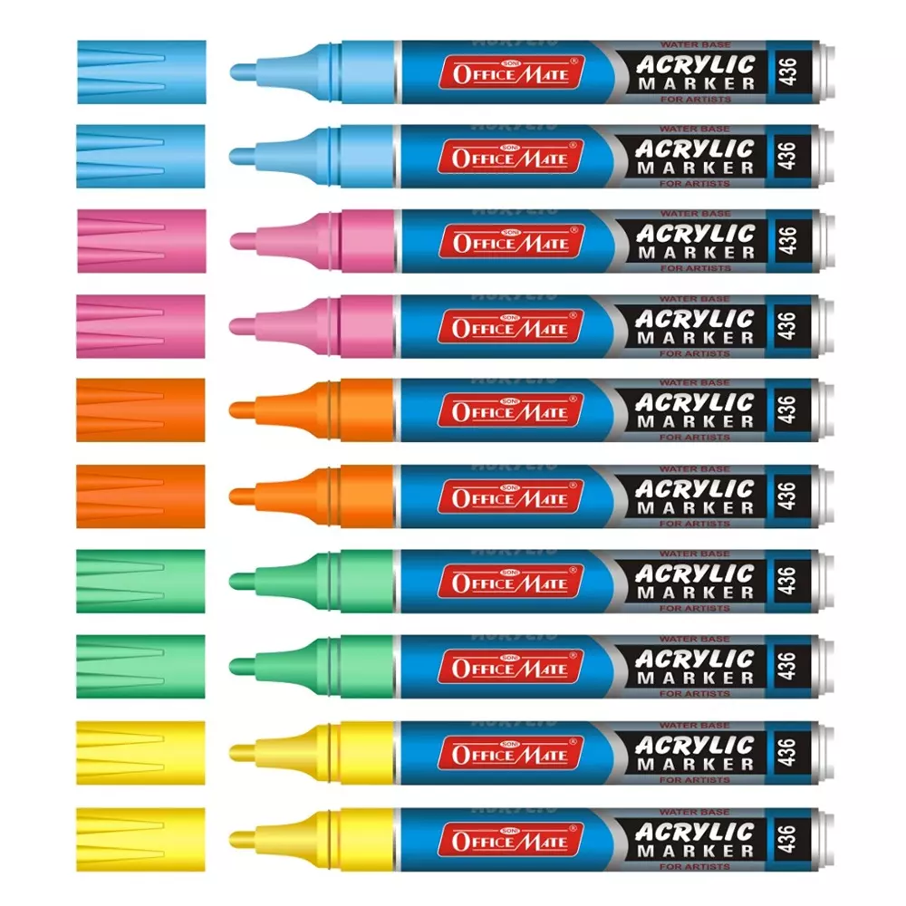 Soni Office Mate Fluorescent Acrylic Paint Marker 4.5 mm Bullet Tip Water Based Ink, Fade Resistant for Canvas, Paper Glass & More, Multicolor (Pack of 10)
