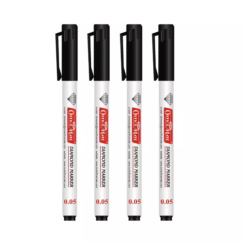 Soni Office Mate Diamond Marker Fade-Resistant Black Ink 0.05 mm Metal Tip Ideal For Industrial Use (Pack of 4)