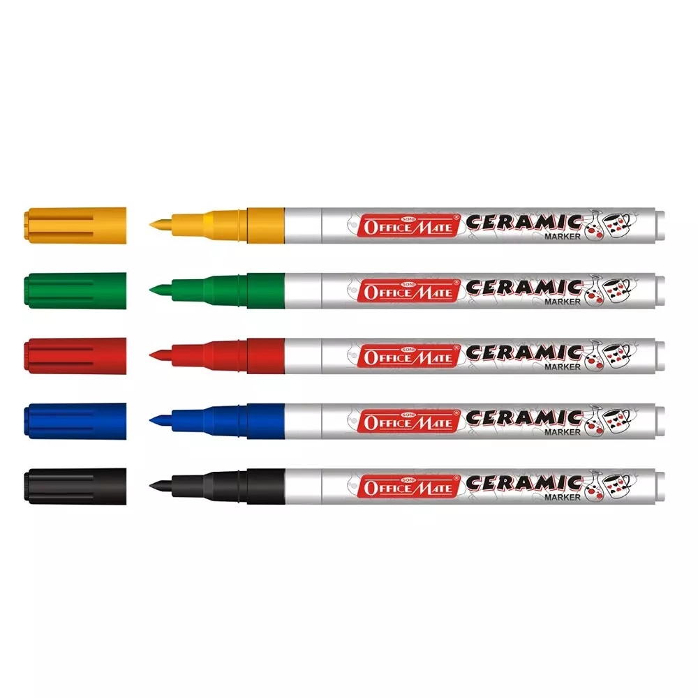 Soni Office Mate Fine Tip Ceramic Marker 3.05 mm Fine Bullet Tip Smudge-Free & Fade-Proof for Ceramic, Rock, Glass Painting, Multicolor (Pack of 5)