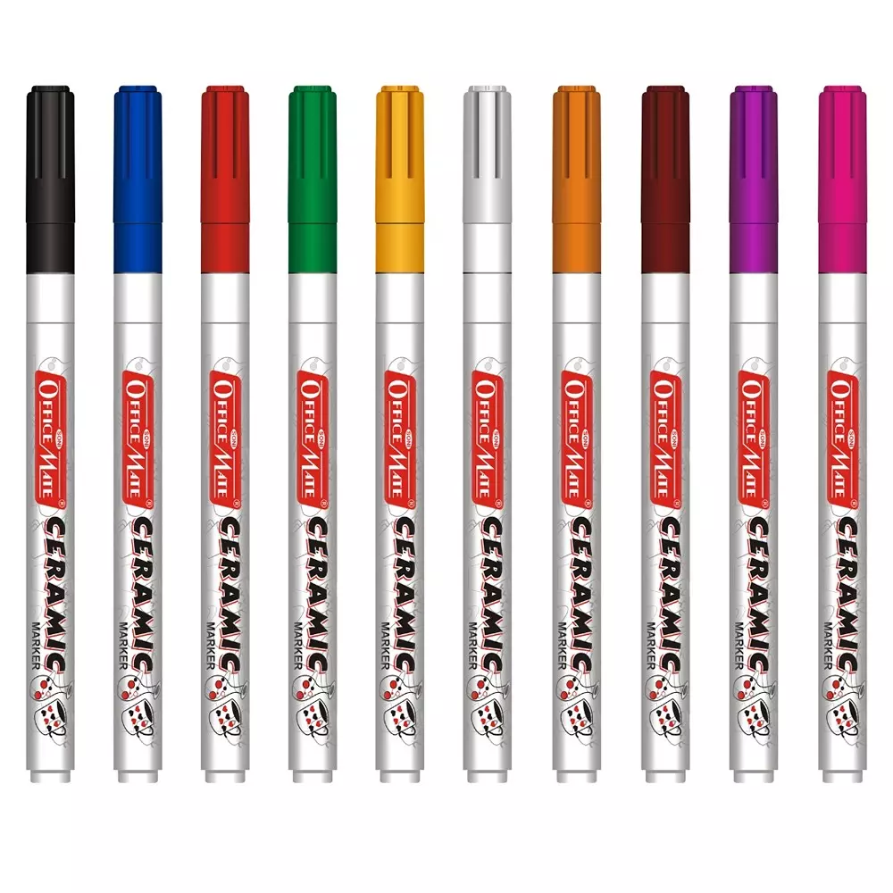 Soni Office Mate Fine Tip Ceramic Marker 3.05 mm Fine Bullet Tip Smudge-Free & Fade-Proof for Ceramic, Rock, Glass Painting, Multicolor (Pack of 10)
