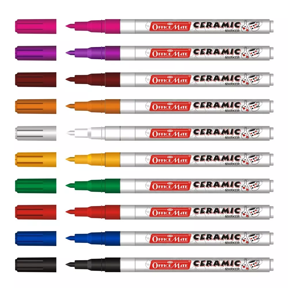Soni Office Mate Fine Tip Ceramic Marker 3.05 mm Fine Bullet Tip Smudge-Free & Fade-Proof for Ceramic, Rock, Glass Painting, Multicolor (Pack of 10)