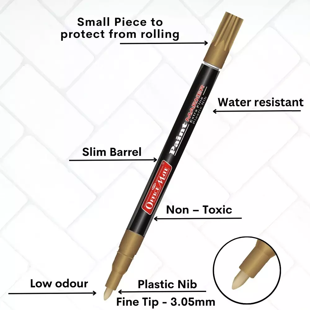 Soni Office Mate Fine Tip Metallic Paint Marker 3.05 mm Bullet Tip Multi-Surface, Oil-Based Ink for DIY, Crafts & Art Projects, Golden
