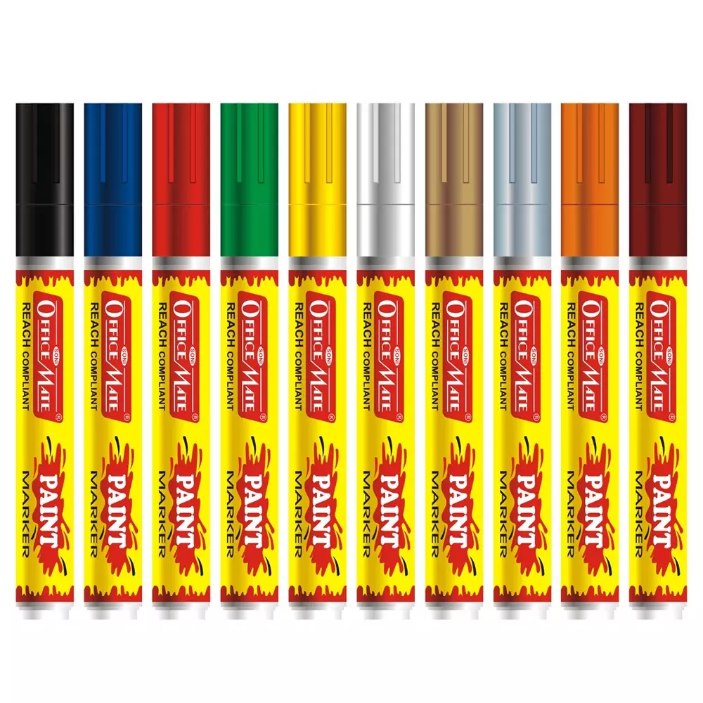 Soni Office Mate Regular Paint Marker 4.5 mm Bullet Tip Long-Lasting Oil-Based Ink for Hobbyists, Artists & Students, Multicolor (Pack of 10)