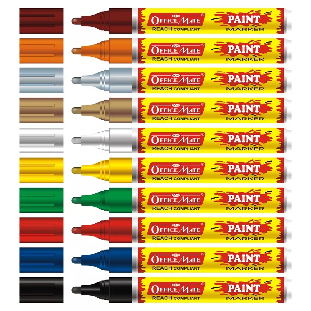 Soni Office Mate Regular Paint Marker 4.5 mm Bullet Tip Long-Lasting Oil-Based Ink for Hobbyists, Artists & Students, Multicolor (Pack of 10)
