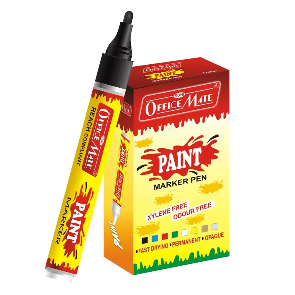Soni Office Mate Regular Paint Marker 4.5 mm Bullet Tip Long-Lasting Oil-Based Ink for Hobbyists, Artists & Students, Multicolor (Pack of 10)