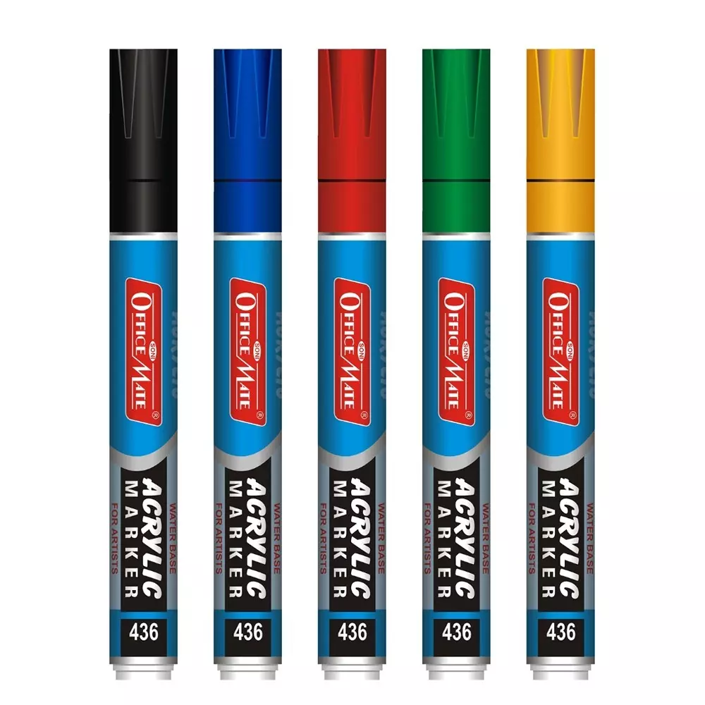 Soni Office Mate Fluorescent Acrylic Paint Marker Multi-Surface, Water-Based Ink 4.3 mm Bullet Tip Ideal For DIY & School Projects, Multicolor (Pack of 5)