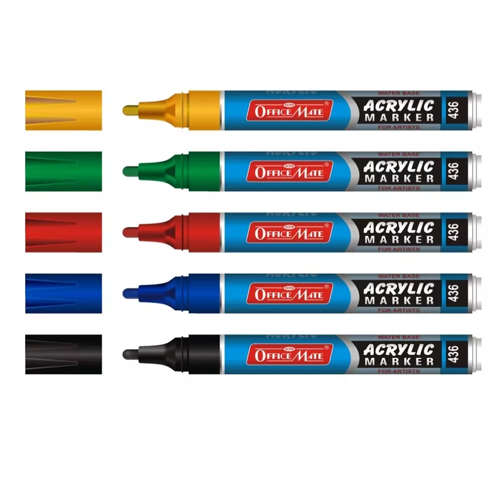 Soni Office Mate Fluorescent Acrylic Paint Marker Multi-Surface, Water-Based Ink 4.3 mm Bullet Tip Ideal For DIY & School Projects, Multicolor (Pack of 5)