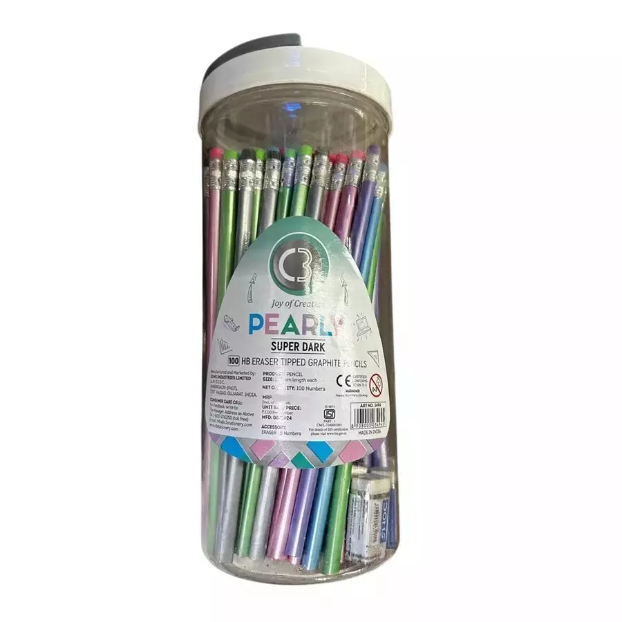 Doms HB Eraser Tipped Graphite Pencils (100 Pcs x 3) Box with Free Erasers, Multi Color