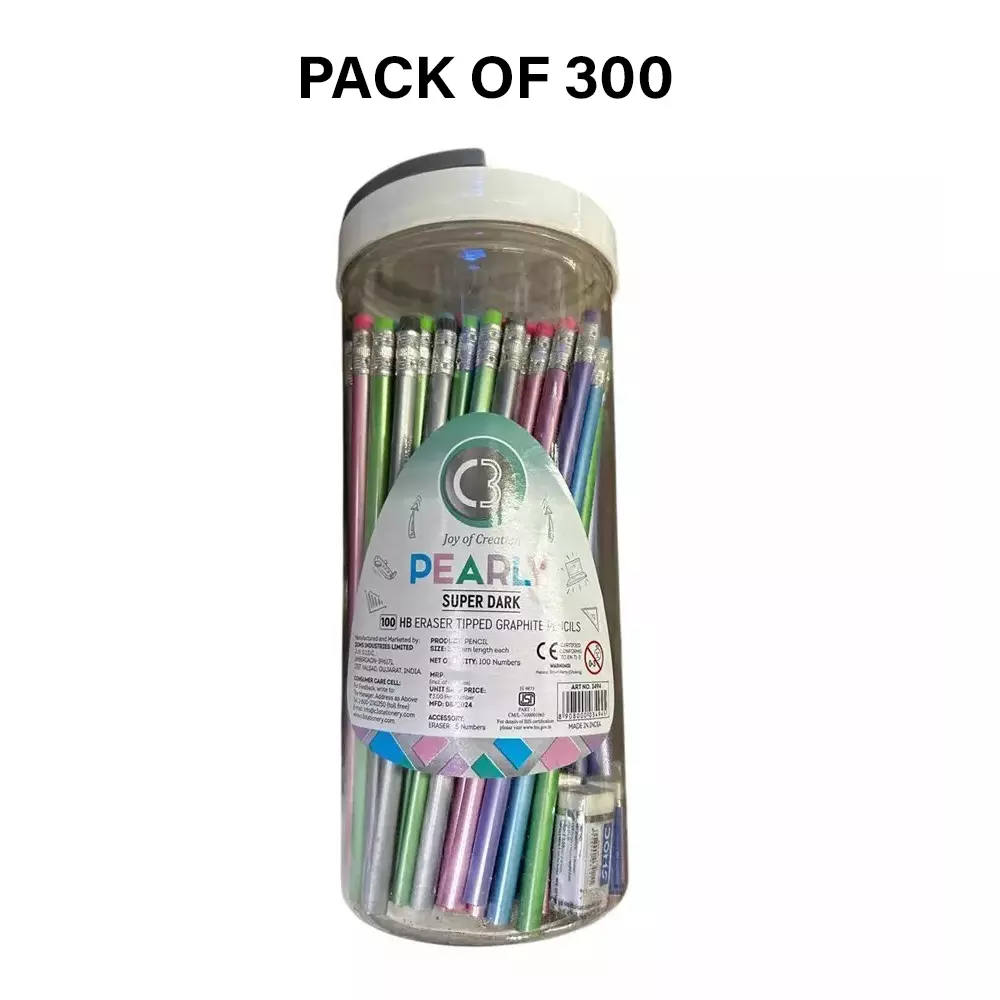 Doms HB Eraser Tipped Graphite Pencils (100 Pcs x 3) Box with Free Erasers, Multi Color